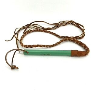Vintage Six Flags Souvenir Braided Leather Bullwhip Green Handle Toy Accessory